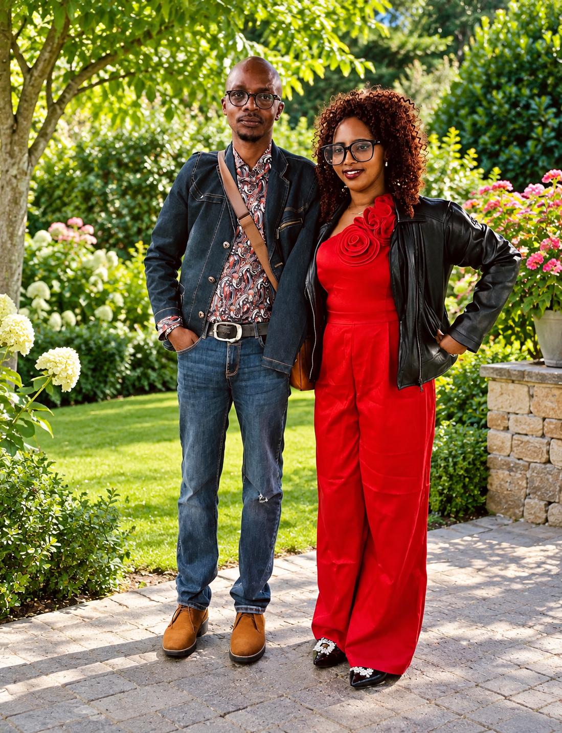 Révérien Rurangwa and his wife Jeanne standing together in a summer garden